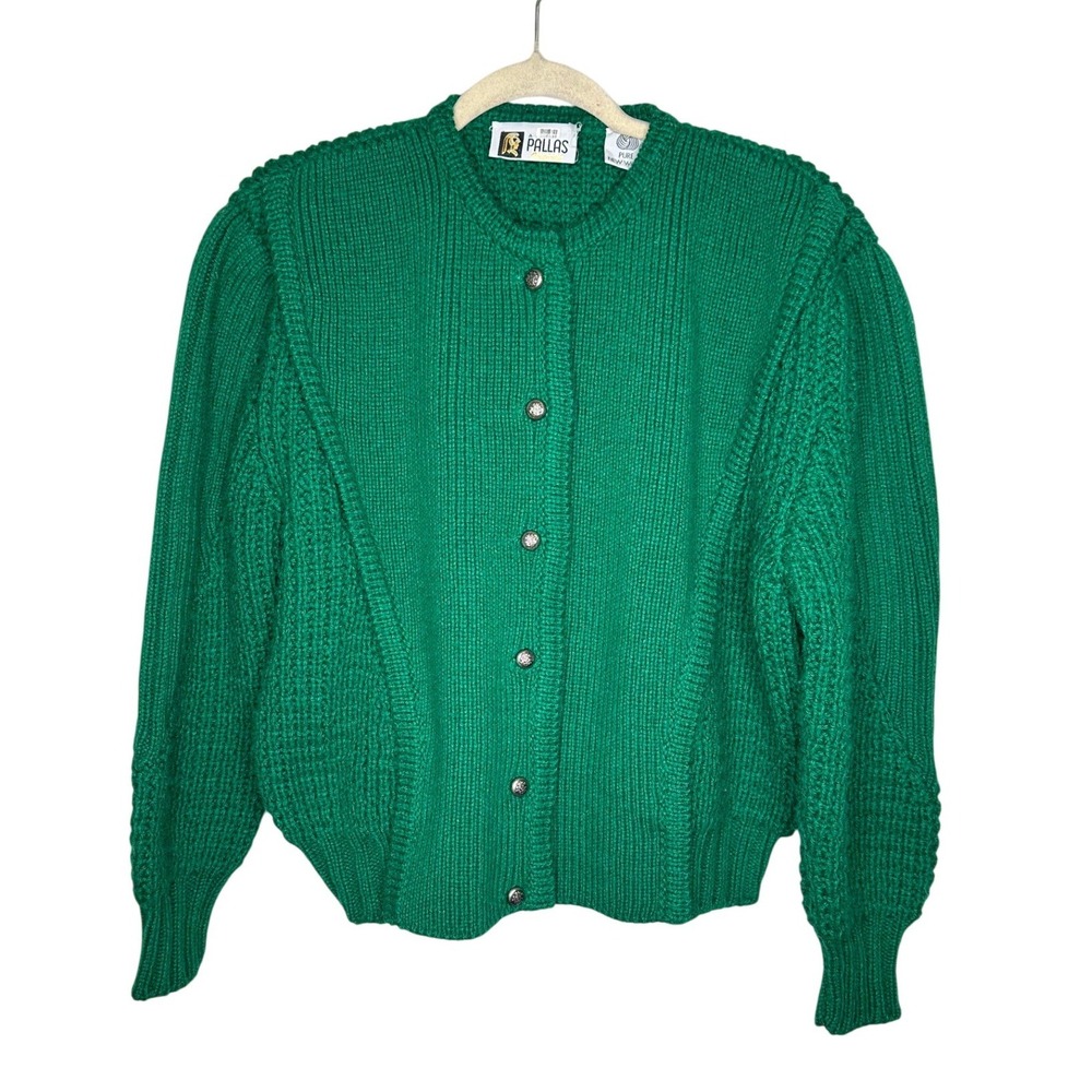Vintage Pallas Irish Wool Cardigan Emerald Green Hand Loomed Sweater Pockets L